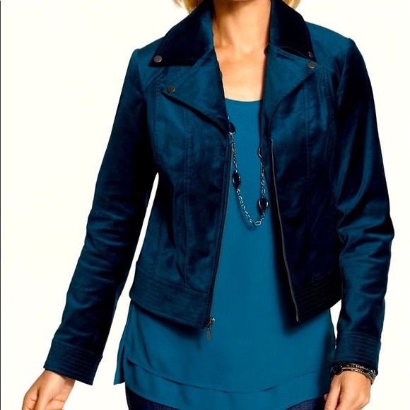Chico's Jackets & Blazers - Chico’s Velveteen Teal Moto Front Zip Jacket Size 3